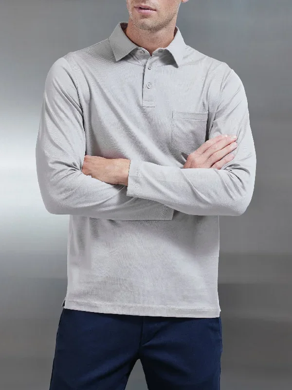 Mercerised Cotton Long Sleeve Polo Shirt in Stone