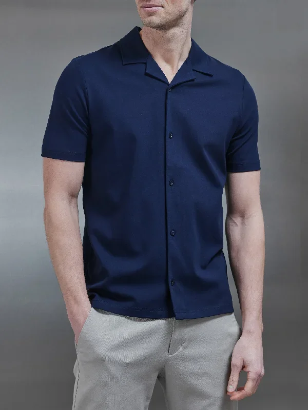 Mercerised Interlock Revere Collar Shirt in Navy