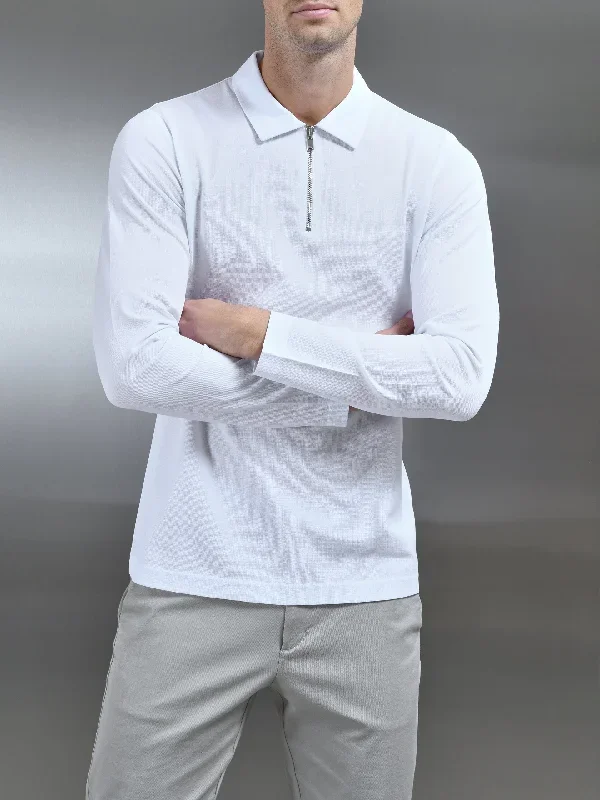 Mercerised Pique Long Sleeve Zip Polo Shirt in White