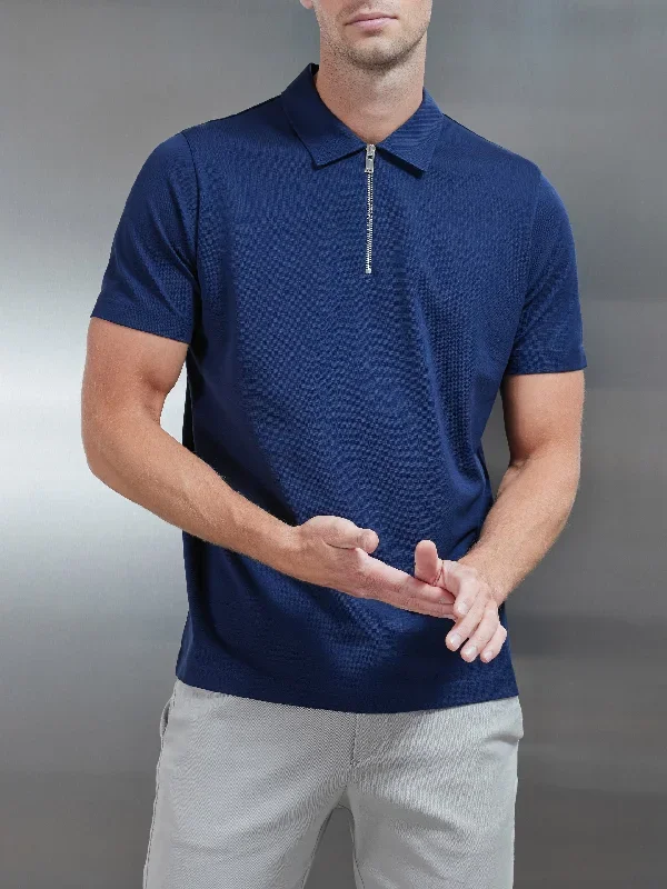 Mercerised Pique Zip Polo Shirt in Navy