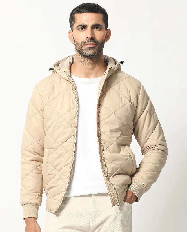 Rare Rabbit Men's Parco Dark Beige Diamond Quilted Hooded Puffer Jacket