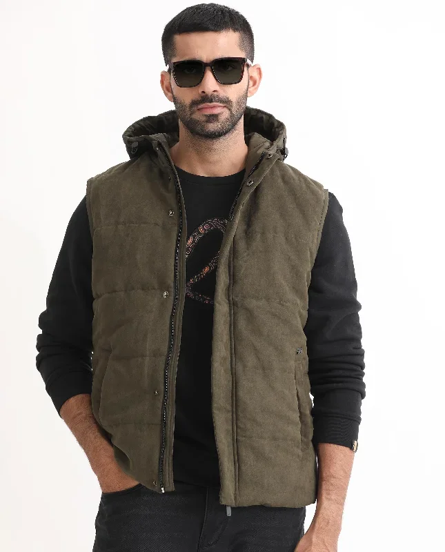 Rare Rabbit Men's Rald Olive Suede Sleeveless Hooded Puffer Jacket