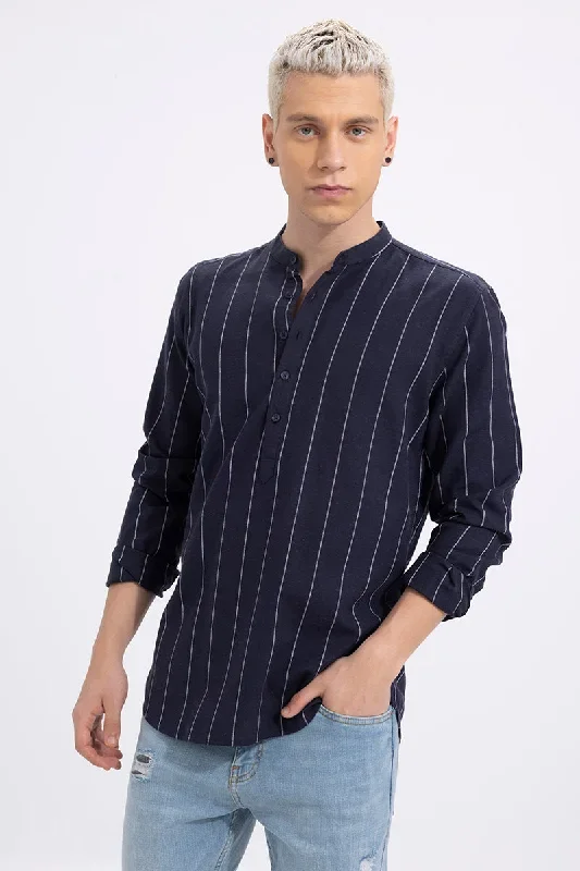 Striped Navy Linen Kurta Shirt