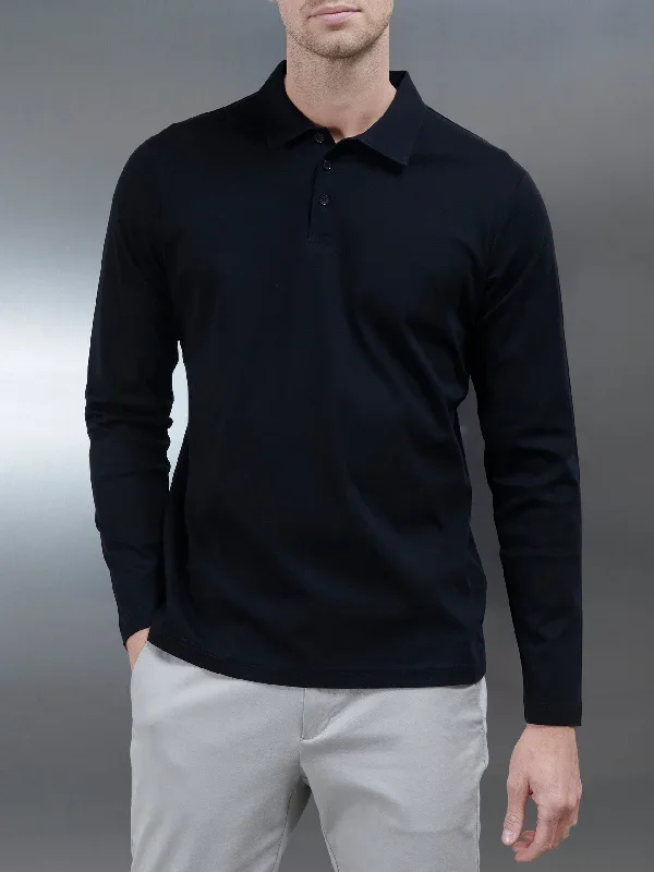 Supima Cotton Long Sleeve Button Polo Shirt in Black