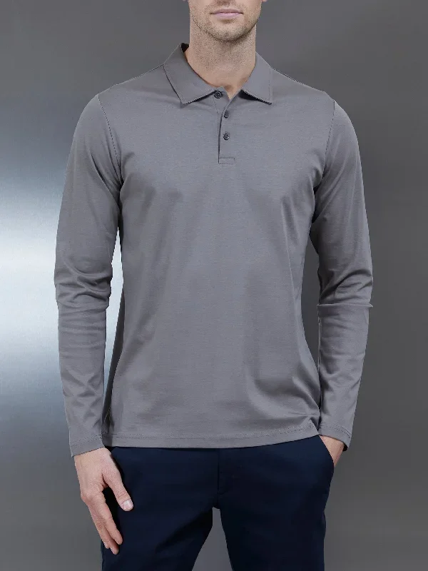 Supima Cotton Long Sleeve Button Polo Shirt in Dark Stone