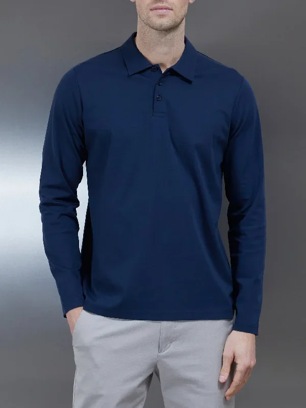 Supima Cotton Long Sleeve Button Polo Shirt in Navy