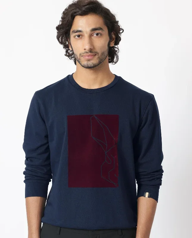 Rare Rabbit Mens Velot Navy Sweatshirt Cotton Polyester Terry Fabric Round Neck Knitted Full Sleeves Comfortable Fit